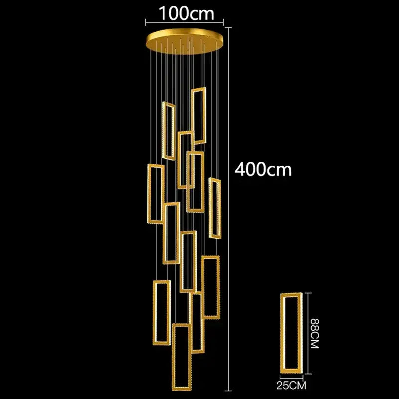 Gold-toned modern rectangular decorbites crystal chandelier stair pendant with 100cm ceiling mount and 400cm drop length
