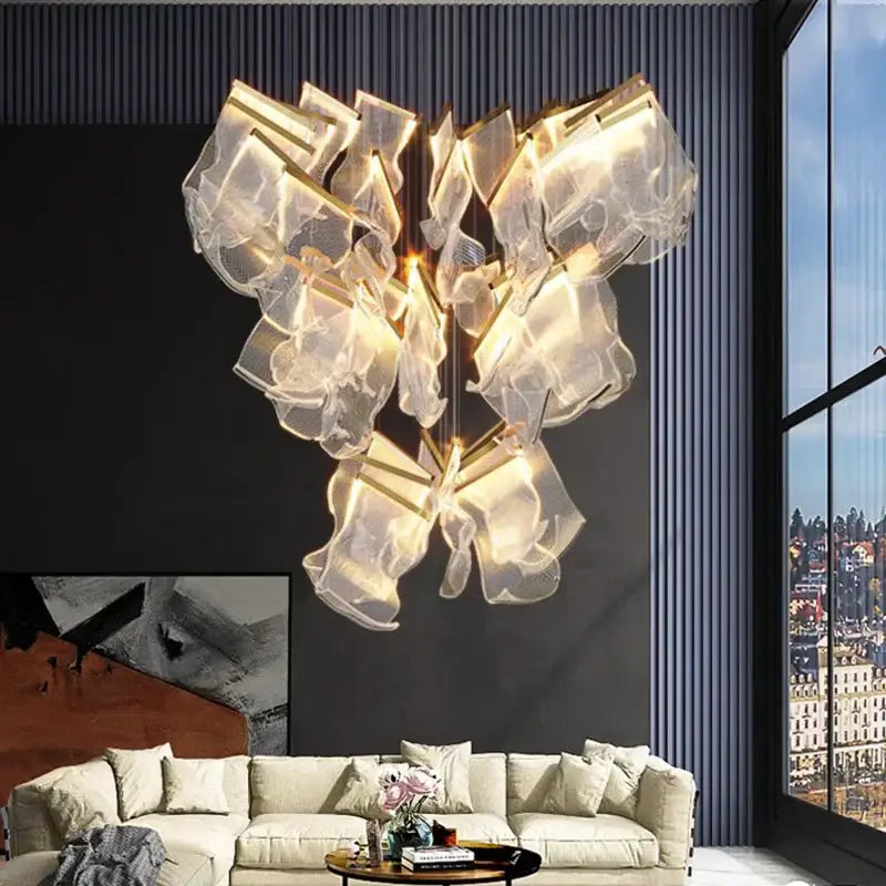 DecorBites crystal chandelier stair pendant lamp with translucent glass layered design and warm golden lighting