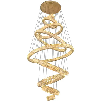 Decorbites crystal chandelier golden spiral with textured illuminated rings and wooden ceiling mount for modern interiors