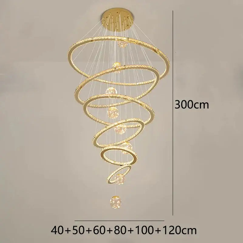 Golden spiral decorbites crystal chandelier pendant lamp with multiple concentric rings and crystal accents for stair use