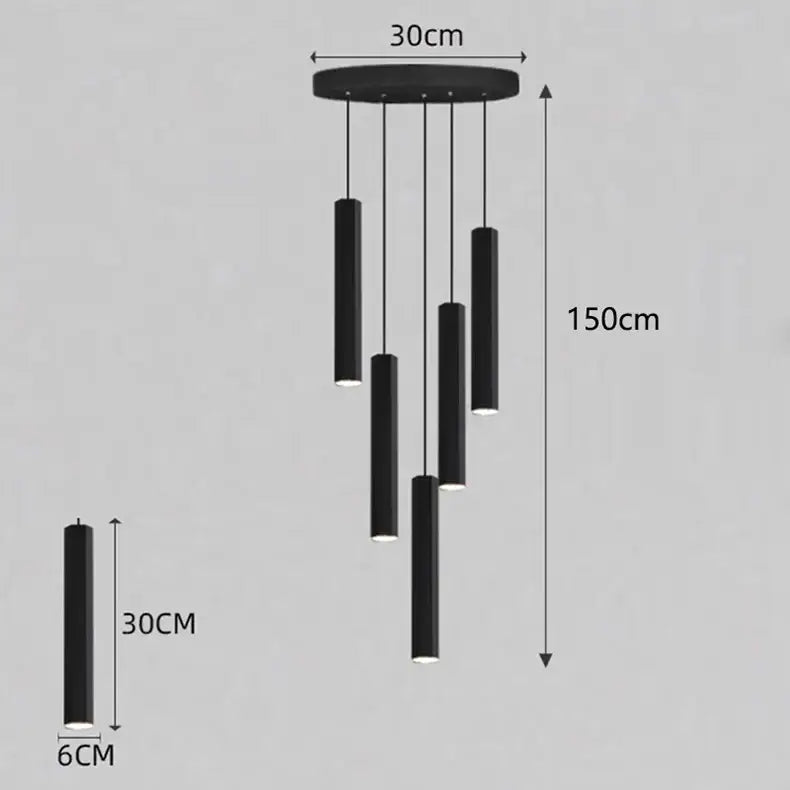 Black cylindrical decorbites crystal chandelier stair pendant lamp with circular ceiling mount and five hanging rods