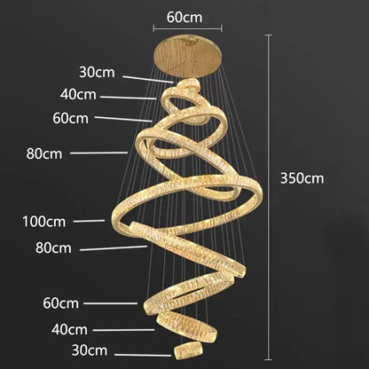 Decorbites crystal chandelier with golden spiral illuminated rings and wooden ceiling mount for modern interior decor