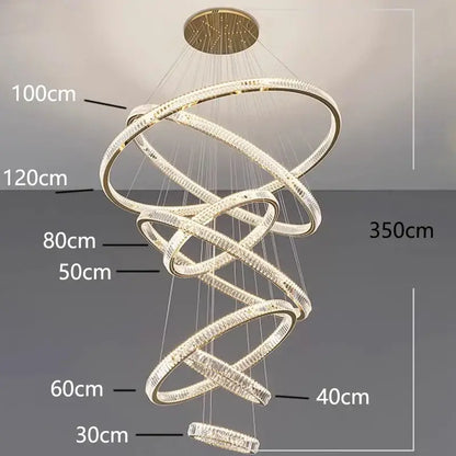 A modern decorbites crystal chandelier with interlocking gold rings and clear crystal accents for living room lighting