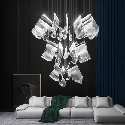 Modern transparent glass decorbites crystal chandelier with sculptural irregular pieces suspended by thin cables