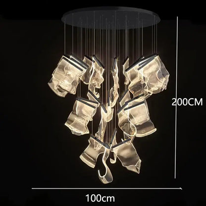 A modern 200cm tall decorbites crystal chandelier with translucent glass pieces and black ceiling mount for living room lighting