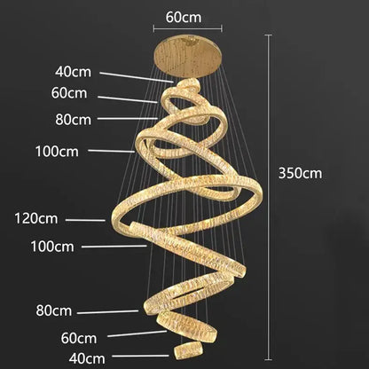 Decorbites crystal chandelier featuring a golden spiral with glowing rings and a wooden ceiling mount for modern interiors