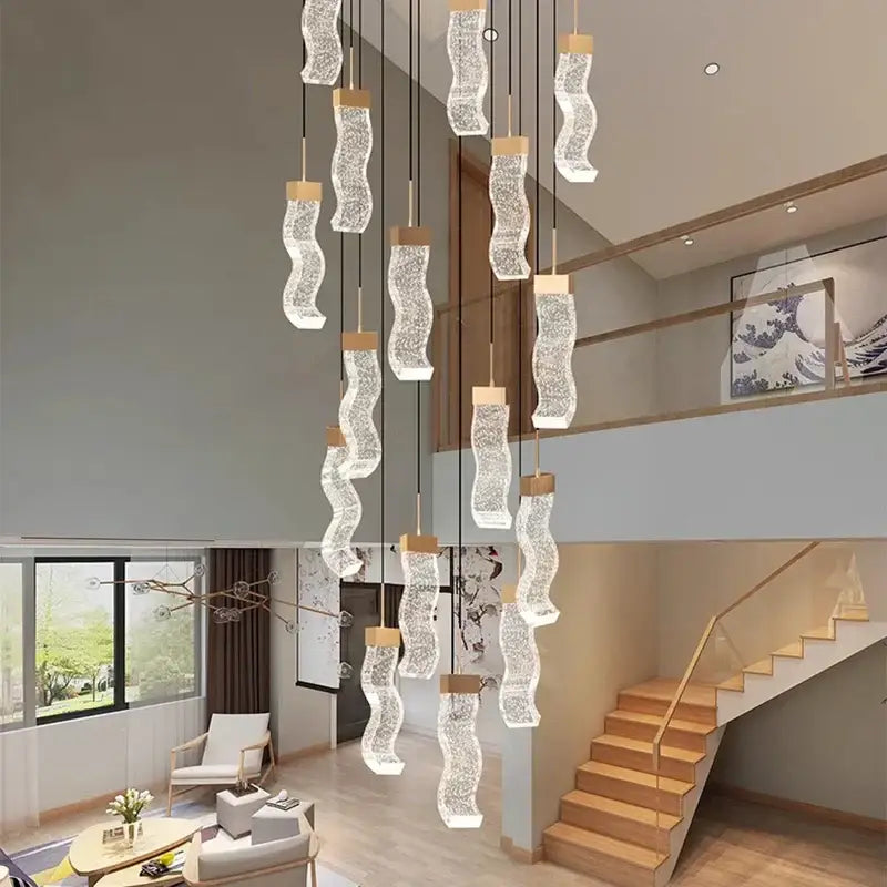 Sleek modern decorbites crystal chandelier pendant lamp with curved glass and wooden accents for living room lighting