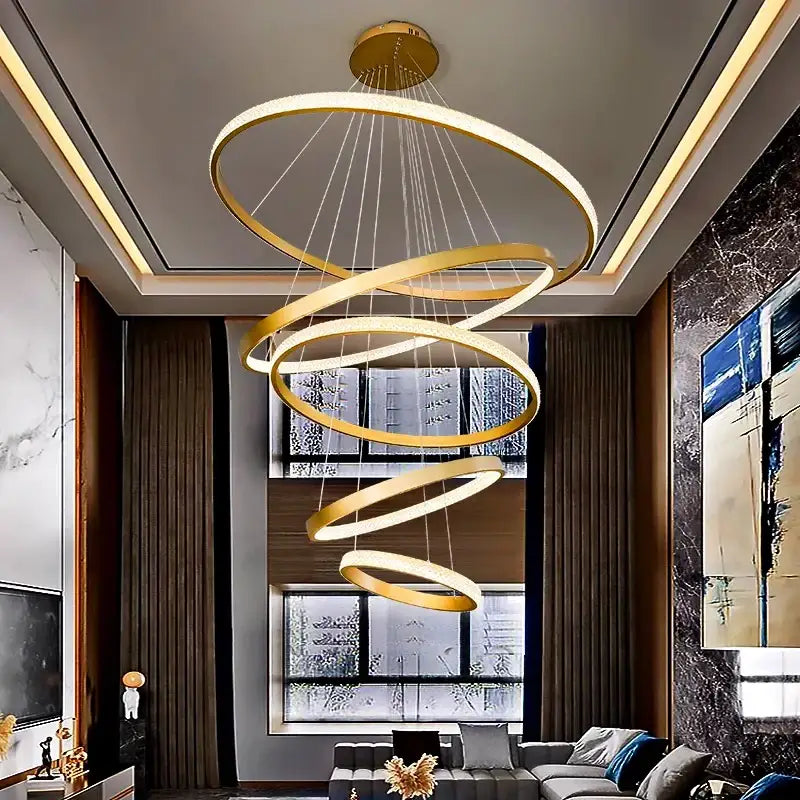 Golden spiral decorbites crystal chandelier pendant lamp with interlocking rings and embedded led lighting for living rooms