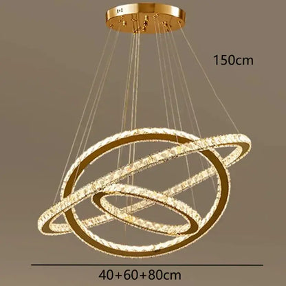 Golden ring decorbites crystal chandelier pendant light with crystal-encrusted rings and circular ceiling mount for stairs