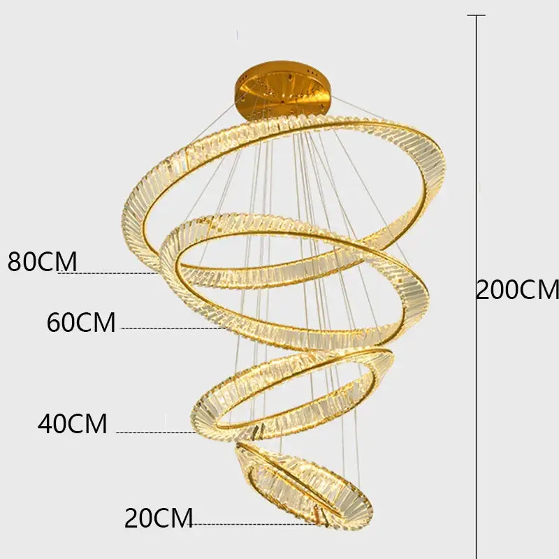 Golden spiral decorbites crystal chandelier with glowing rings and crystal accents for living room pendant lighting