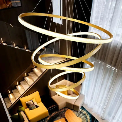 Golden spiral decorbites crystal chandelier stair pendant lamp with glowing rings suspended by thin cords for interior lighting