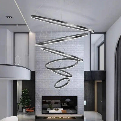 Modern decorbites crystal chandelier pendant lamp with sleek metallic rings and integrated led lighting for stair interior lighting