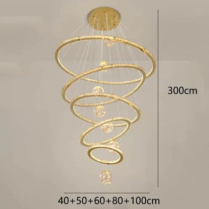 Golden spiral decorbites crystal chandelier with multiple concentric rings and embedded crystals for living room lighting