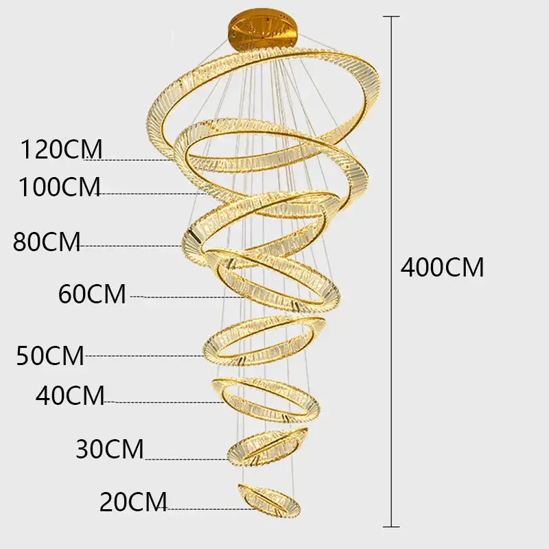 Golden spiral decorbites crystal chandelier with concentric rings and embedded led lights for living room lighting