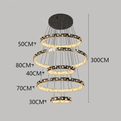 DecorBites crystal chandelier stair pendant lamp with black metal frame, LED rings, and crystal accents for living room lighting