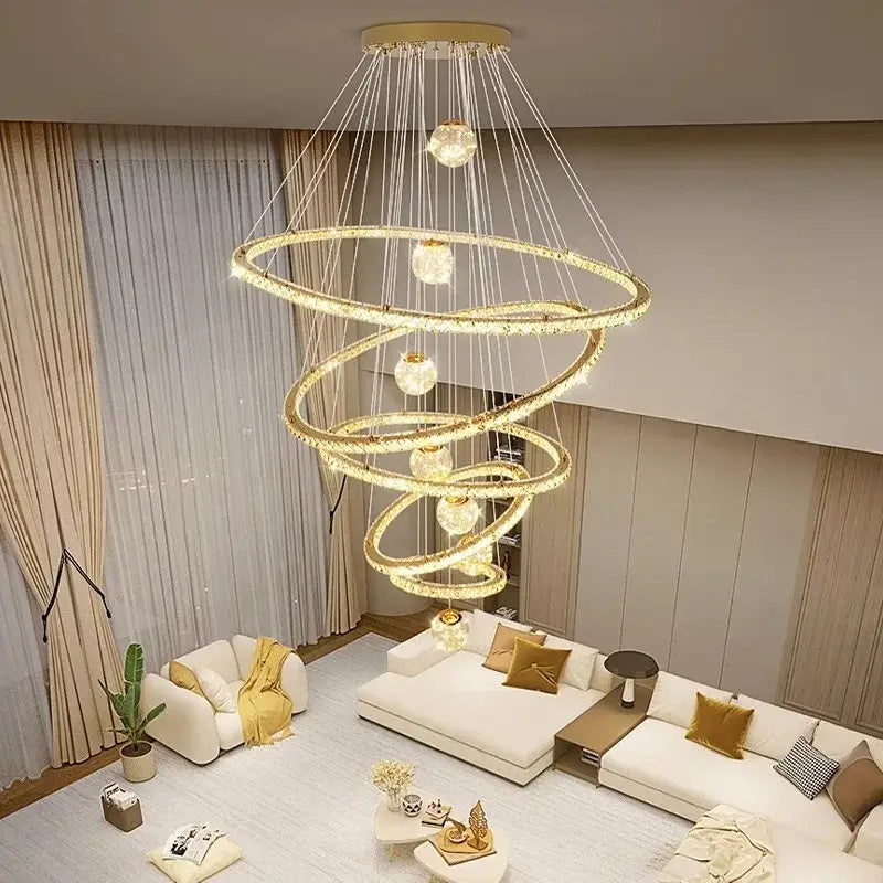 Golden spiral decorbites crystal chandelier with spherical light fixtures and crystal accents for living room lighting
