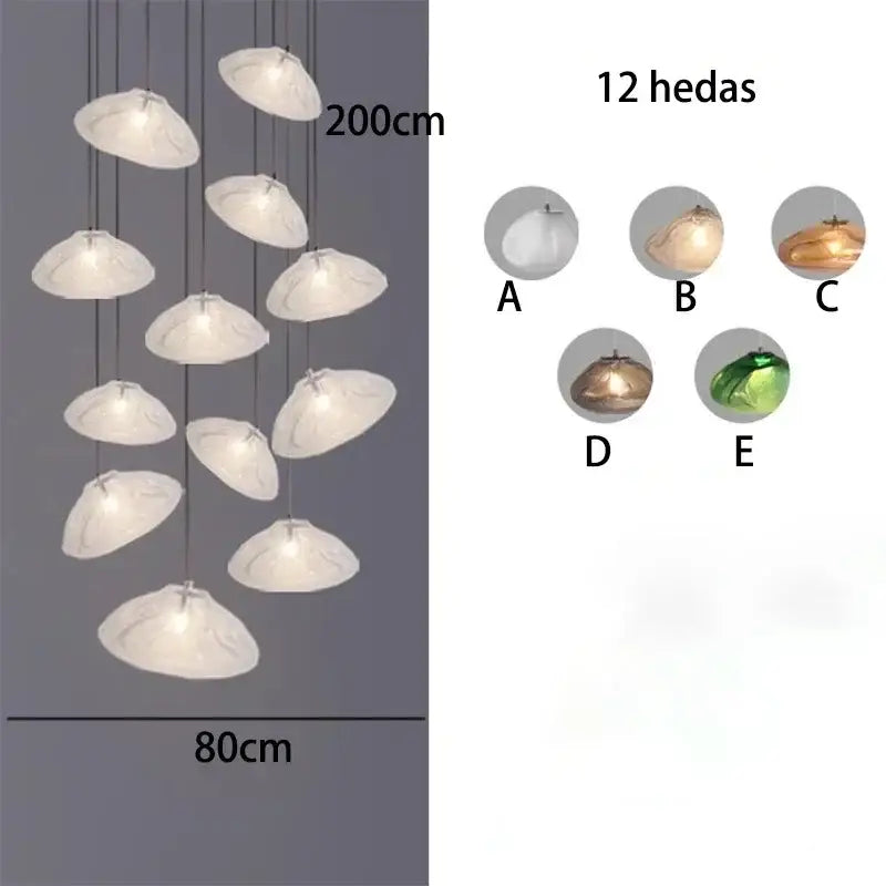 DecorBites crystal chandelier stair pendant lamp with 12 white shell-shaped lights in a cascading modern design