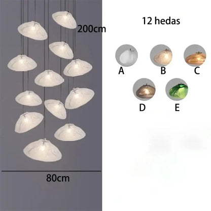 DecorBites crystal chandelier stair pendant lamp with 12 white shell-shaped lights in a cascading modern design