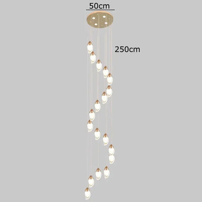 A modern 250cm decorbites crystal chandelier with gold circular mount and cascading clear glass teardrop lights