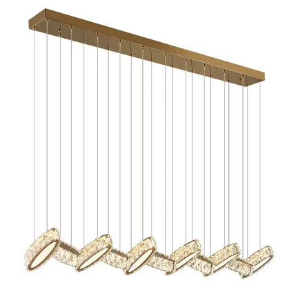 Gold-toned decorbites crystal chandelier with rectangular ceiling fixture and crystal-encrusted circular lights for living room