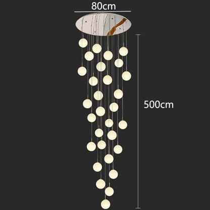 DecorBites crystal chandelier pendant light featuring 30 frosted glass spheres and marble-effect ceiling plate for stairs