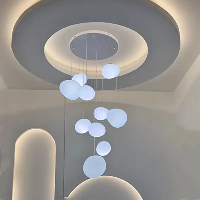 DecorBites crystal chandelier pendant light with translucent white spheres for modern living room and stair lighting