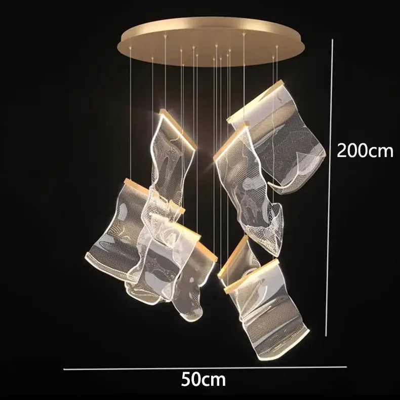Modern gold-toned DecorBites crystal chandelier pendant light with translucent mesh shades for stair or living room lighting