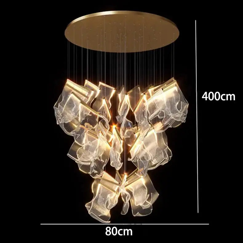 Modern decorbites crystal chandelier pendant light with gold ceiling mount and cascading glass shards for stair lighting