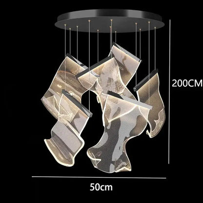 Modern black circular DecorBites crystal chandelier stair pendant light with six gold mesh panels for living room lighting