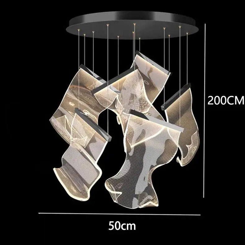 Modern black circular DecorBites crystal chandelier stair pendant light with six gold mesh panels for living room lighting
