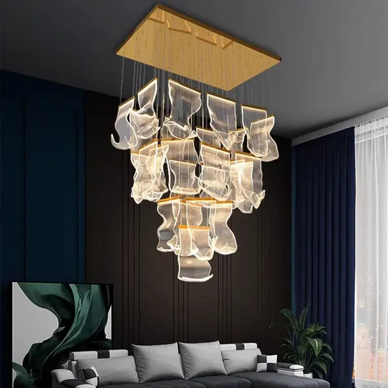 Modern rectangular pendant light with translucent glass elements suspended from wooden frame decorbites crystal chandelier stair