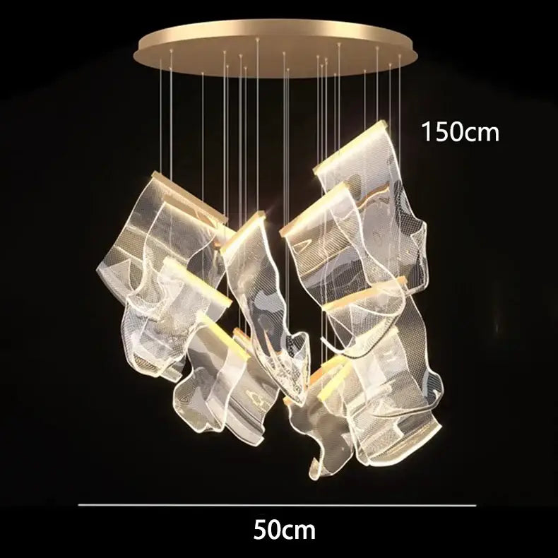 Decorbites crystal chandelier 150cm pendant light with translucent mesh shades and gold-toned mount for stair lighting