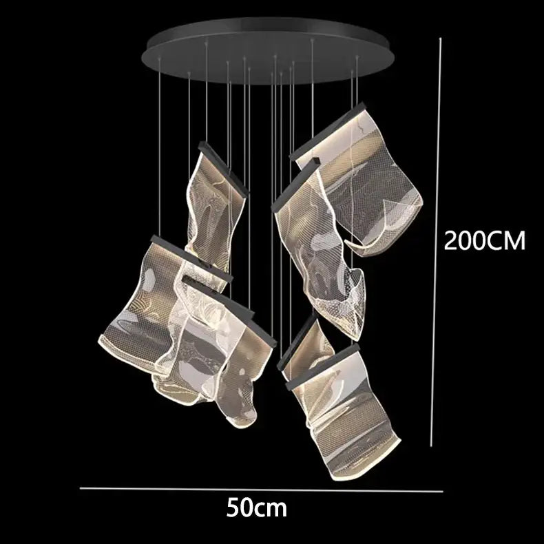 Modern black circular DecorBites crystal chandelier stair pendant light with five translucent mesh fixtures for living rooms
