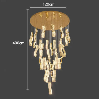 Golden decorbites crystal chandelier stair pendant light with cascading wave-shaped crystal pendants and brass fixture