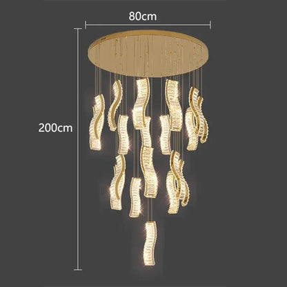 Gold-toned decorbites crystal chandelier stair pendant with cascading wave-shaped crystal pendants modern pendant light