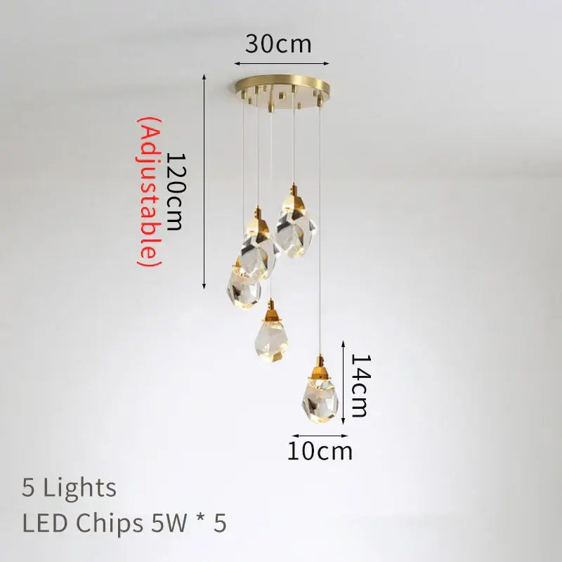 Decorbites crystal chandelier with five clear glass teardrop pendants and gold ceiling mount for staircase lighting