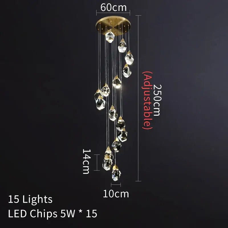 Decorbites crystal chandelier featuring gold-toned mount and 15 clear crystals for chandelier staircase pendant lighting