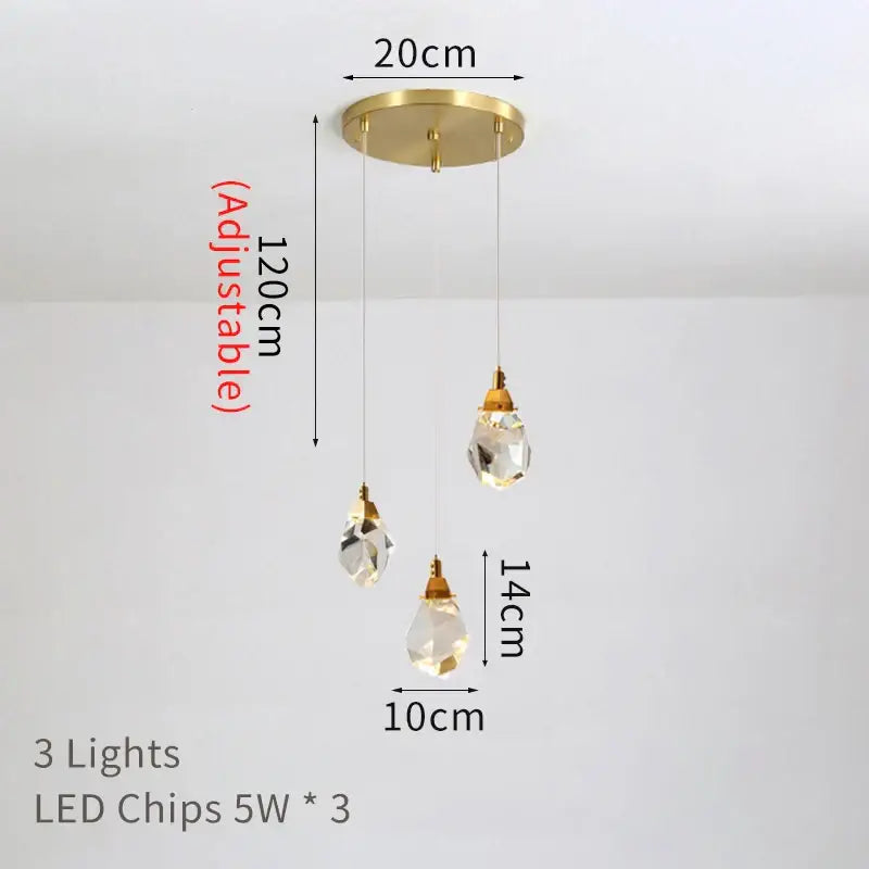Modern decorbites crystal chandelier staircase pendant light with three crystal teardrop shades and brass base for living room