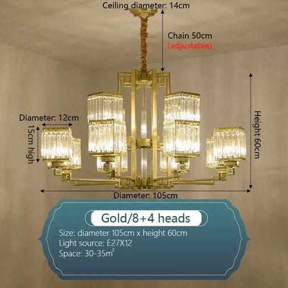 Gold-finished decorbites crystal chandelier villa with eight rectangular crystal glass shades and adjustable chain for living room lighting