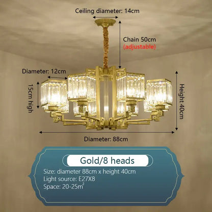 Gold-colored DecorBites crystal chandelier with eight crystal-encased light fixtures and adjustable chain for villa living