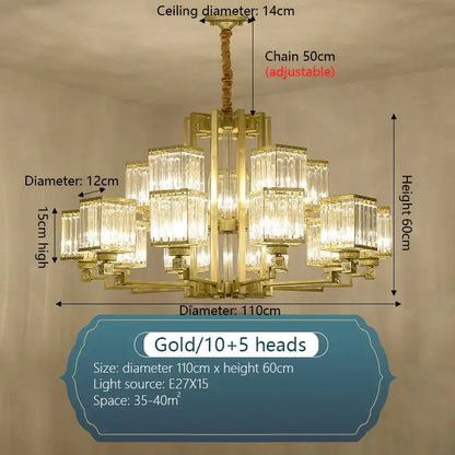Gold-finished DecorBites crystal chandelier villa with tiered rectangular crystal glass shades for chandelier villa living