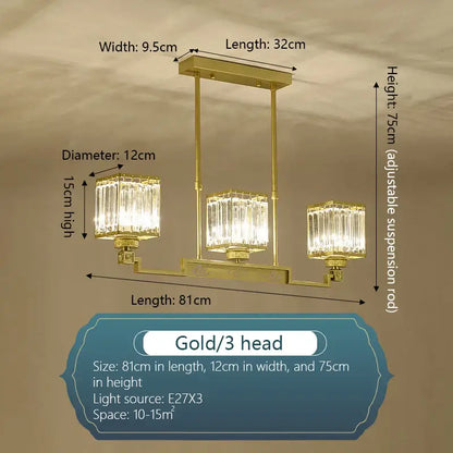 Gold decorbites crystal chandelier with three crystal glass shades and adjustable suspension rod for villa living room lighting