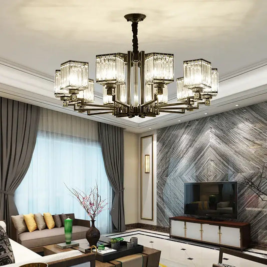 DecorBites crystal chandelier villa with dark bronze frame and rectangular crystal glass shades for villa living room lighting