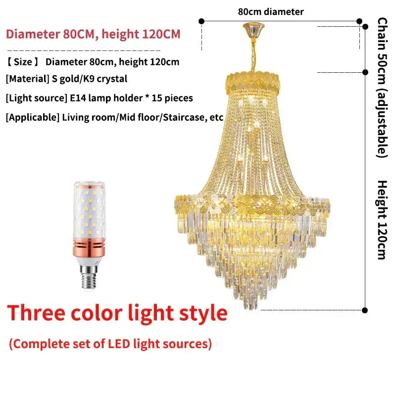 Gold-toned decorbites crystal chandelier villa with cascading k9 crystal strands for elegant living room or staircase lighting