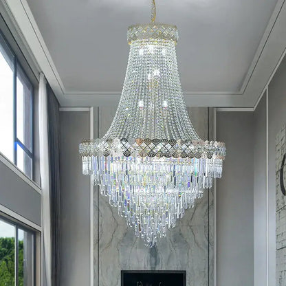 A decorbites crystal chandelier villa featuring a gold-toned frame with cascading clear prisms for luxury decor