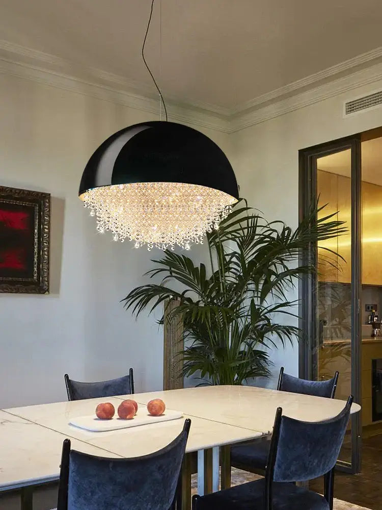 Decorbites crystal chandelier white dome pendant light with black dome and cascading crystal chandelier effect for living room