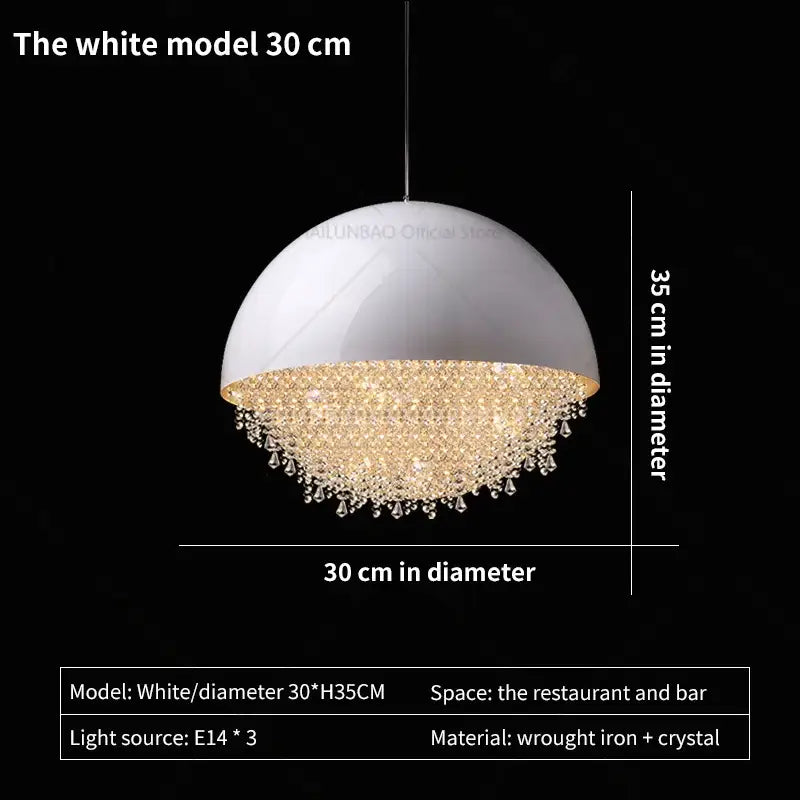 A sleek white dome pendant light with a sparkling crystal chandelier effect by decorbites crystal chandelier