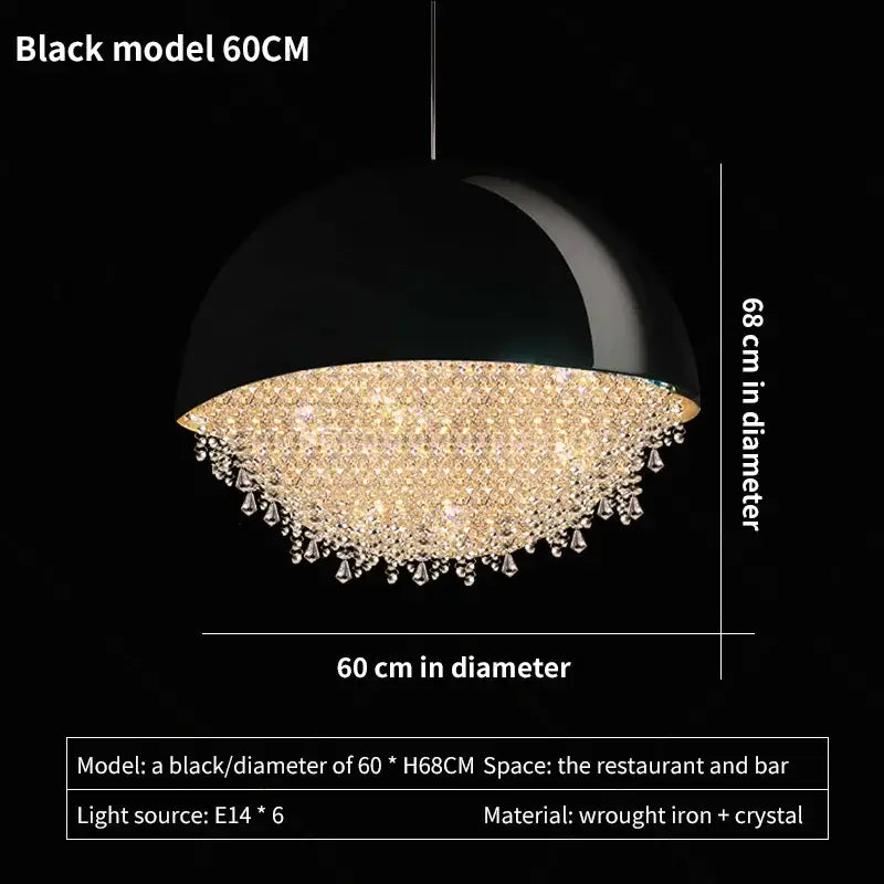 Black dome-shaped decorbites crystal chandelier pendant light with sparkling crystal fringe and wrought iron frame for living room