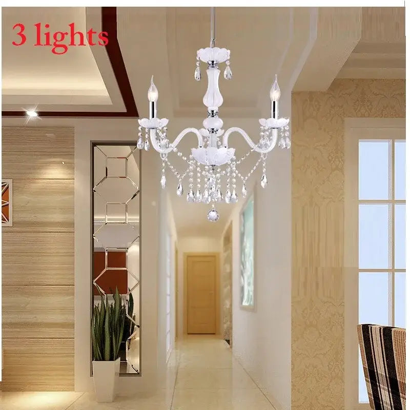 White crystal decorbites crystal chandelier with three led candle lights and dangling clear crystals for living bedroom