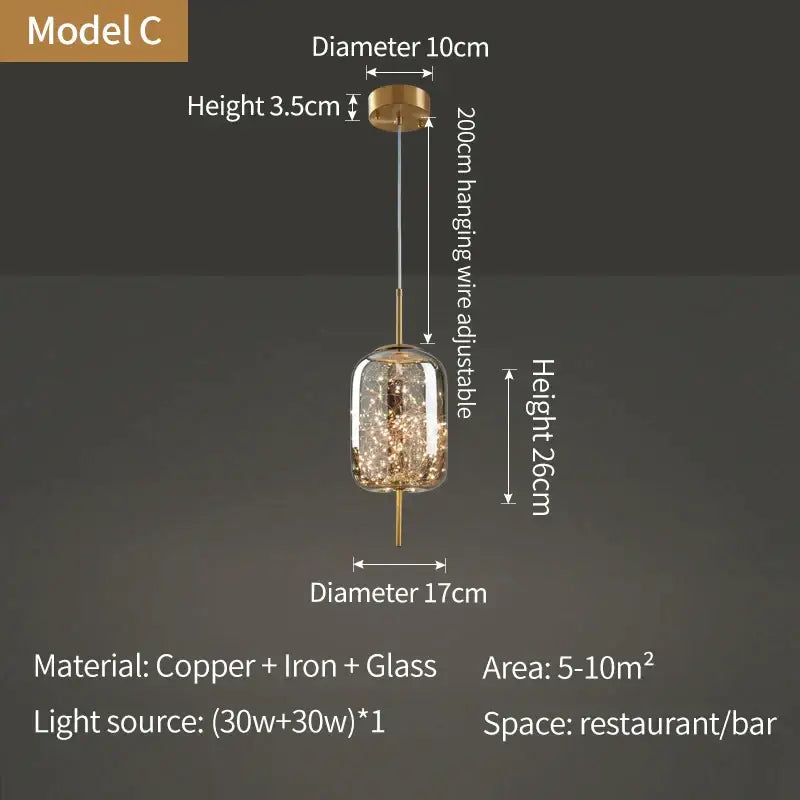 Modern kitchen decor DecorBites crystal chandelier with cylindrical glass shade and sparkling golden LED light suspended by copper wire